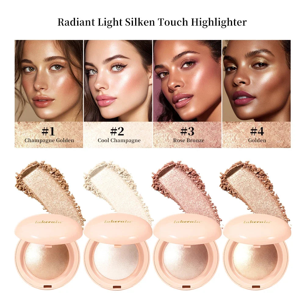 Blushimmer face highlighter powder with baked shimmer, providing a silky, long-lasting glow, suitable for contouring and illuminating skin.