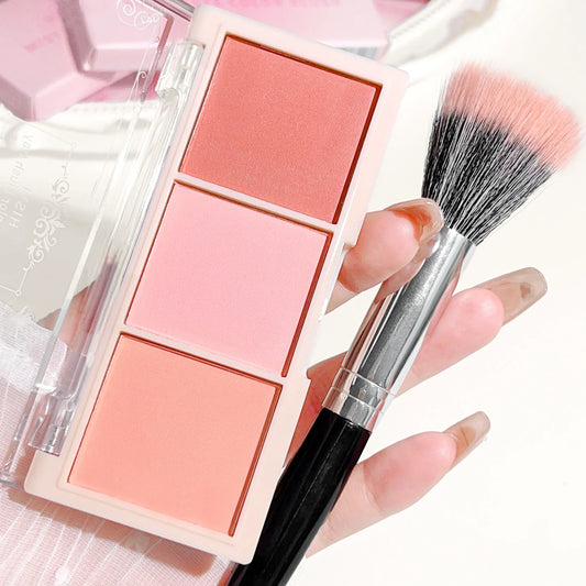 Blushimmer HISYI three-color blush with natural matte, delicate powder for a vibrant, non-flying finish, ideal for a fresh look
