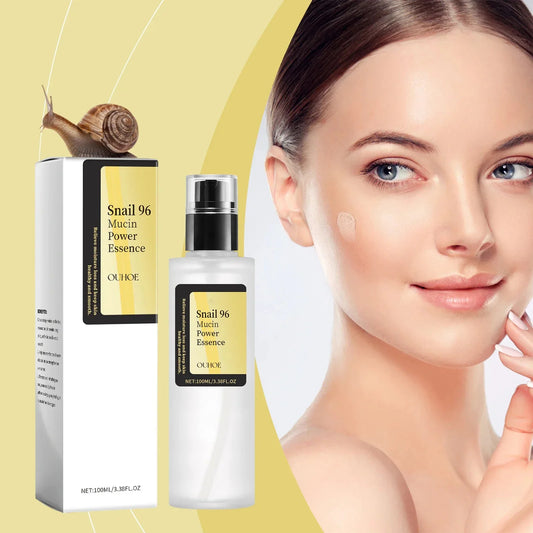 Blushimmer Snail 96 Mucin Power Essence bottle showing sleek packaging with a focus on skincare benefits like moisturizing and brightening.