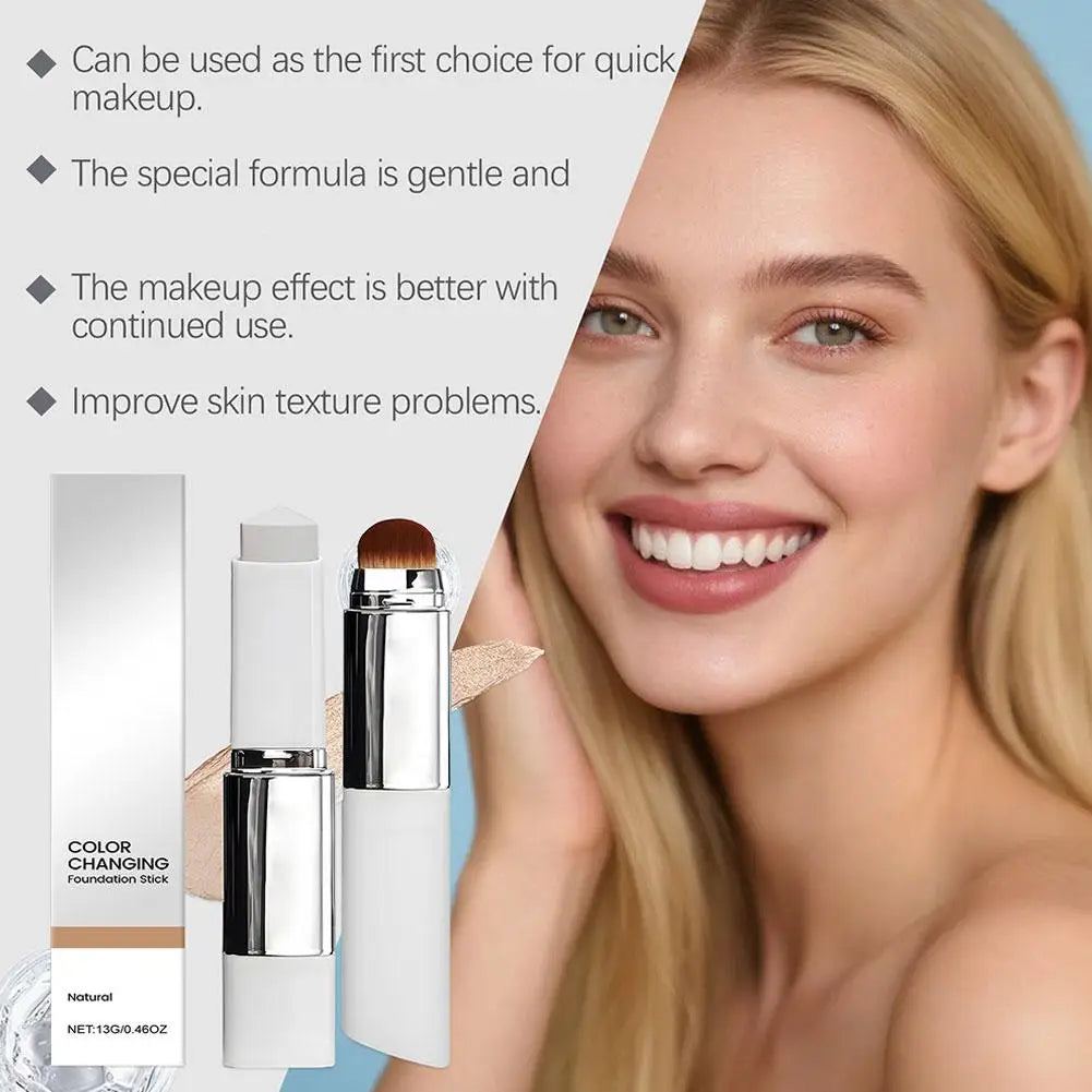 Blushimmer color changing foundation and concealer stick with double head brush for brightening and moisturizing skin.