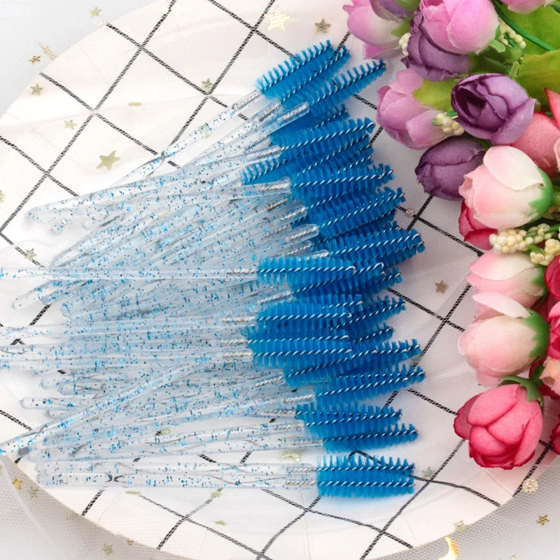 Set of 50 Blushimmer eyelash and eyebrow brushes, mascara wands, and applicators for false eyelashes and lash extensions.