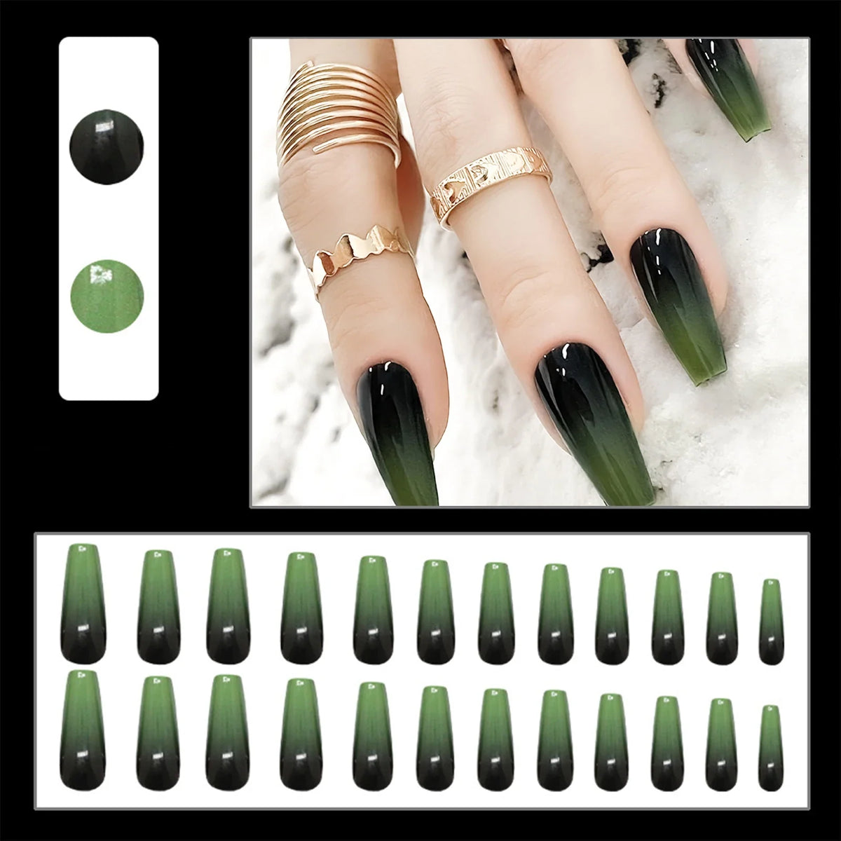 Set of 24 Blushimmer Y2K star press on nails with gradient black mid-length coffin tips and moon designs, full cover fake nail tips.
