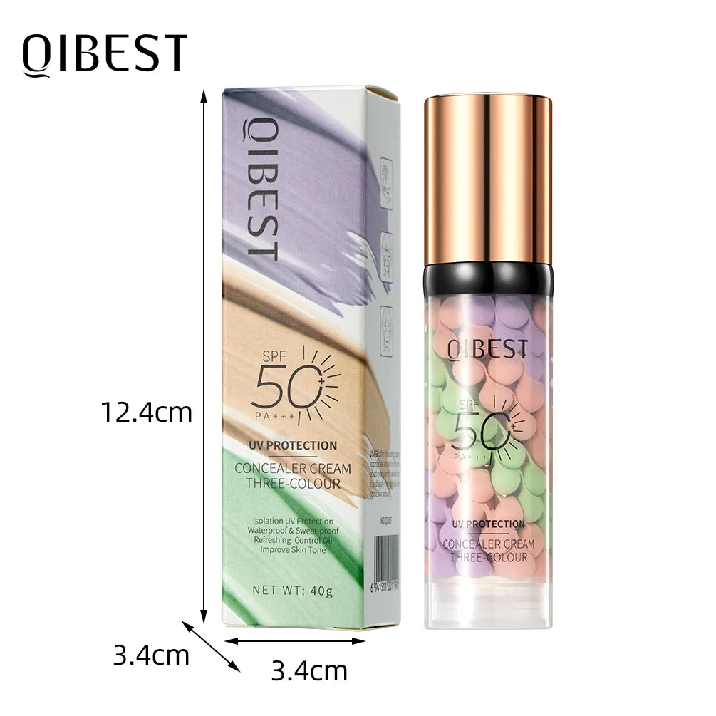 Blushimmer Qibest three-color press release cream concealer and face primer, brightening liquid makeup base, shown in a sleek container.