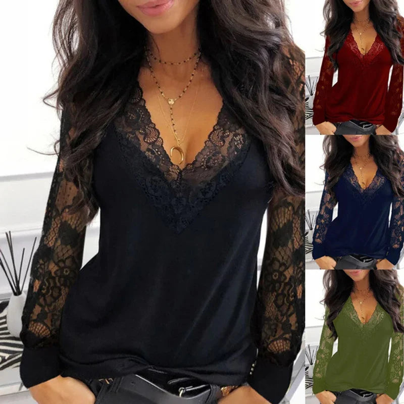 White and black lace V-neck T-shirt for women, slim fit, stylish spring/summer women's shirt with lace stitching and hollow design.