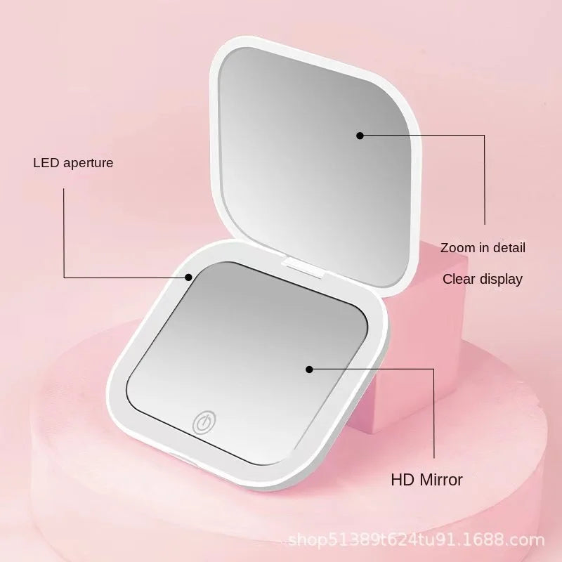 Blushimmer mini portable folding makeup mirror with LED lights, magnifying compact vanity mirror for travel and makeup application