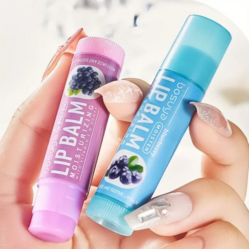 Set of 6 Blushimmer lip balms with moisturizing and repair properties, featuring various fragrances for dry lips.