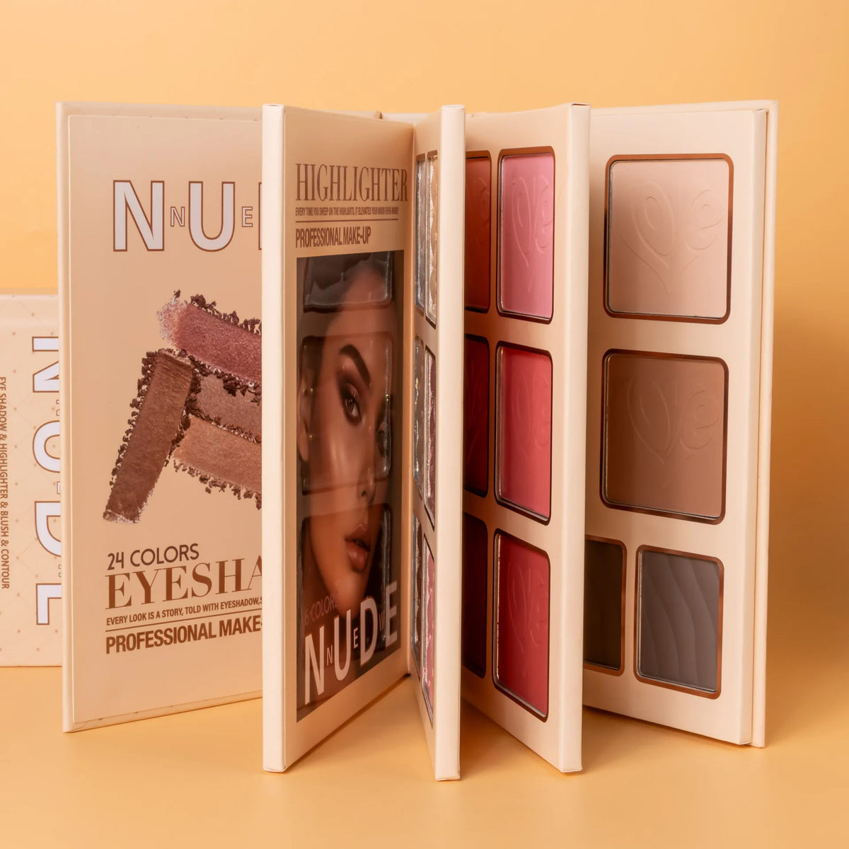 Blushimmer 43-color all-in-one makeup palette with matte, shimmer eyeshadows, blush, contour, and highlighter in a 4-layer book design.