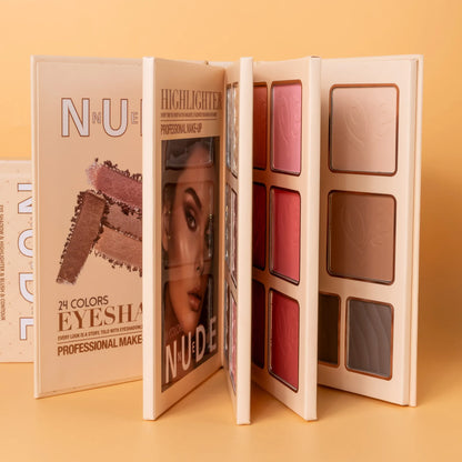 Blushimmer 43-color all-in-one makeup palette with matte, shimmer eyeshadows, blush, contour, and highlighter in a 4-layer book design.