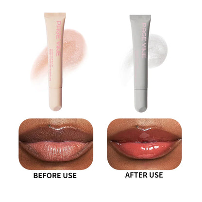 Blushimmer nude brown lip gloss tube with transparent moisturizing and plumping lip oil for a glossy, soft lip look.