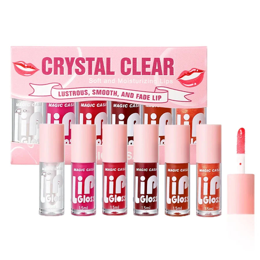 Blushimmer MAGIC CASA 6pcs small hydrating lip oil set with shimmering, long-lasting moisturizing liquid for smooth, glossy lips.