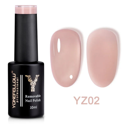 Blushimmer YOKEFELLOW 10ml translucent pink gel nail polish in a clear bottle, long-lasting UV soak-off gel varnish for nails