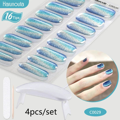 Blushimmer Harunouta 4pcs set gradient jelly semi-cured gel nail strips with nude pink waterproof design and matching nail lamp.