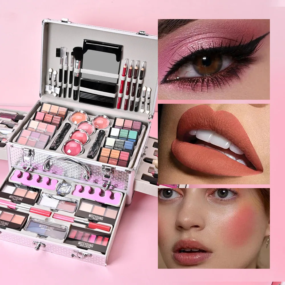 Blushimmer makeup gift set for women including face powder, eyeshadow palette, lipstick, highlighter, bronzer, and makeup brushes.