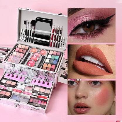 Blushimmer makeup gift set for women including face powder, eyeshadow palette, lipstick, highlighter, bronzer, and makeup brushes.