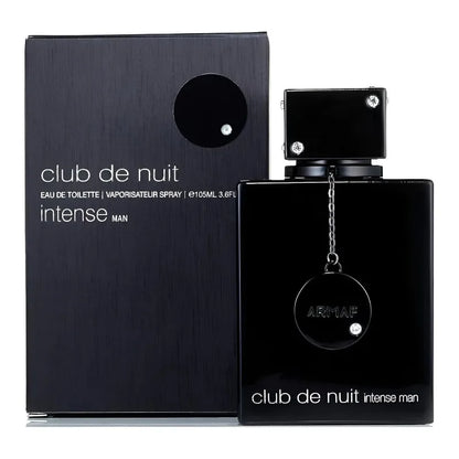 Armaf Club De Nuit Intense men's Eau de Toilette spray, 3.6 oz, featuring spicy wood notes and a sleek bottle design
