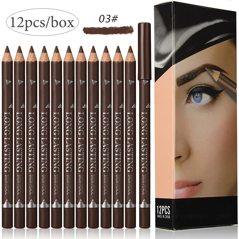 Six or twelve waterproof eyebrow pencils by Blushimmer in natural black and brown, professional eye makeup tools for precise eyebrows.
