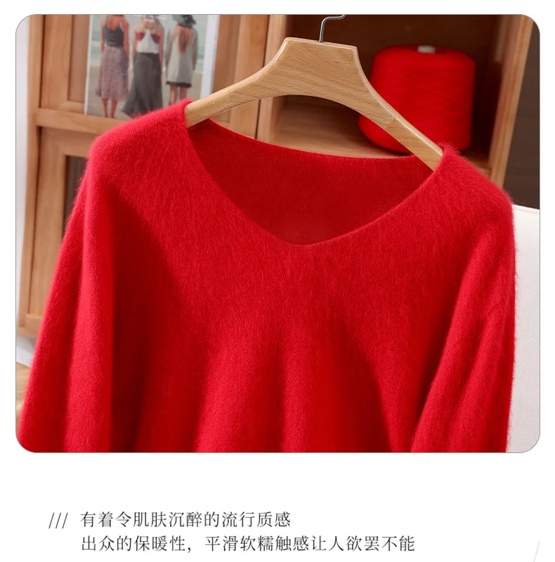 Autumn And Winter New High-End Female Mink Cashmere Sweater Solid Color Long-Sleeved Wool Knit Bottoming Sweater Loose Top