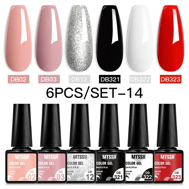 Blushimmer MTSSII 6-piece set of sparkly red gel nail polish bottles with shiny finish for LED UV nail art and manicure.