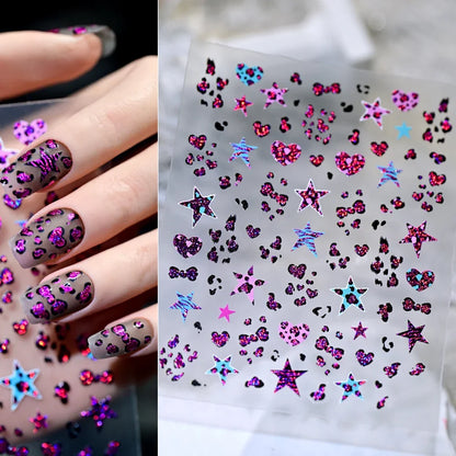 Pink and black 5D leopard print nail art stickers by Blushimmer on a transparent sheet for DIY manicure decoration.