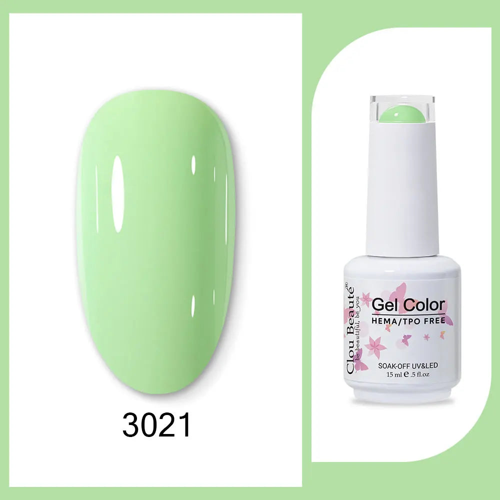 Blushimmer Clou Beaute 15ml semi-permanent gel nail polish with red, black, white, green, and neon colors, featuring velvet top coat finish.