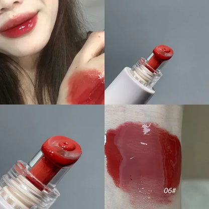 Blushimmer crystal jelly water lipstick with glossy finish, moisturizing long-lasting lip plumper and tint in a clear container.