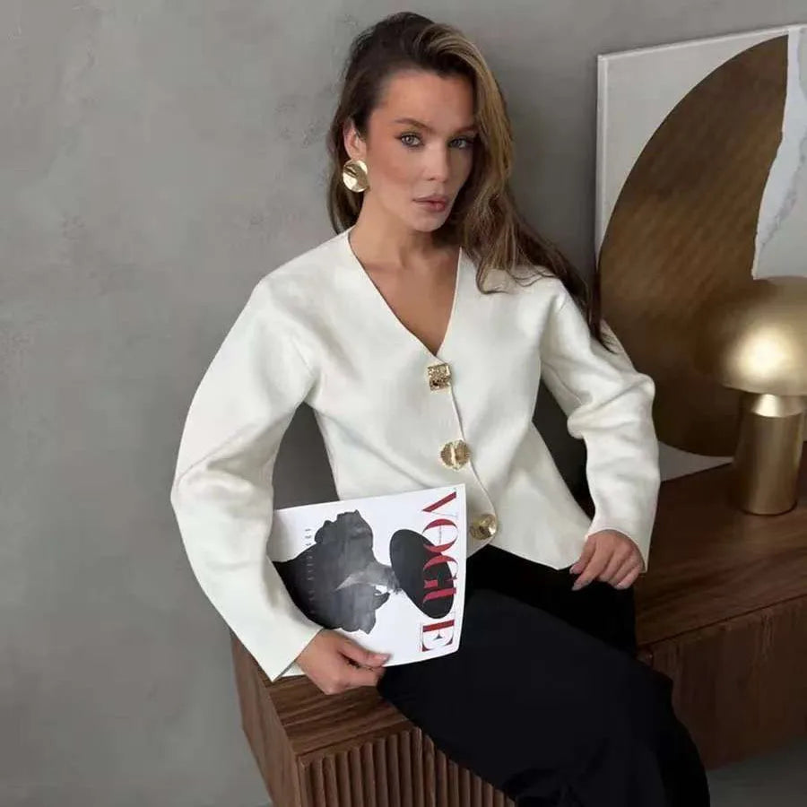 Fashion Simple Commuting Button V-neck Short Knitted Cardigan 2025 New Autumn and Winter Women's Solid Long-sleeved Sweater