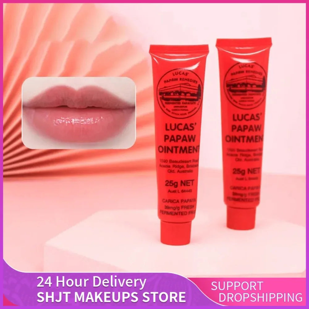 Blushimmer Lucas Papaw Face Care Lip Balm in 25g tube, moisturizing and hydrating multifunctional ointment for dry lips and skin.