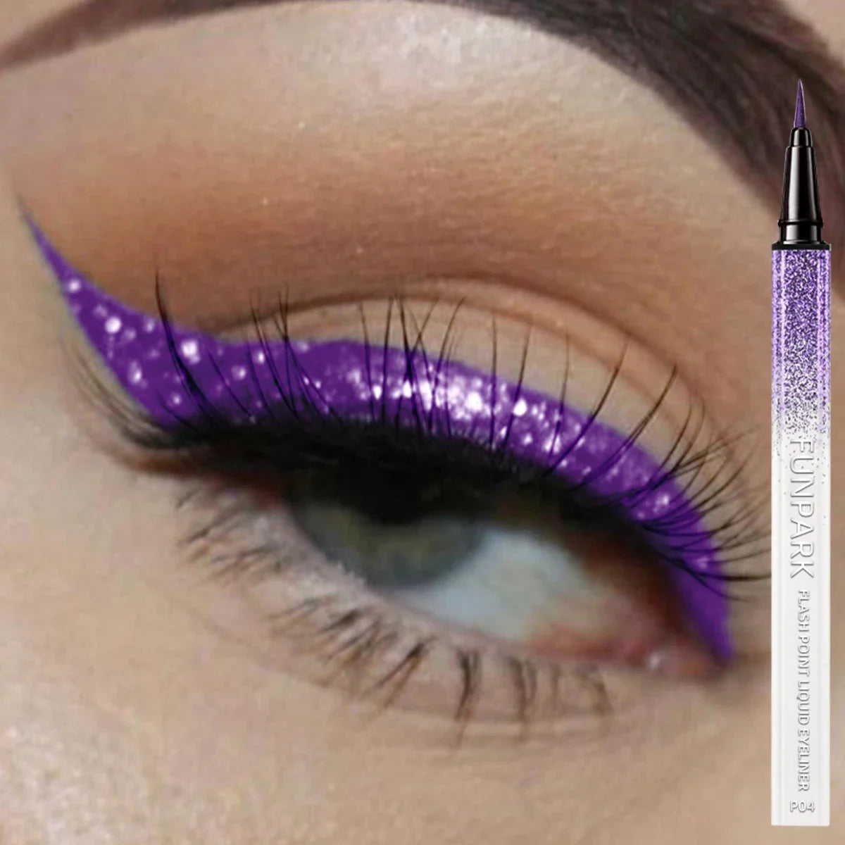 Shiny metallic liquid eyeliner by Blushimmer in pearlescent finish, waterproof and 0.6ml, displayed in a sleek black tube.