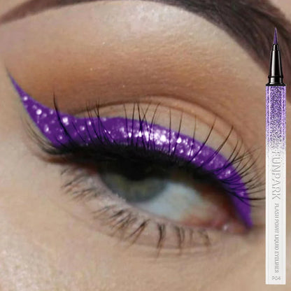 Shiny metallic liquid eyeliner by Blushimmer in pearlescent finish, waterproof and 0.6ml, displayed in a sleek black tube.
