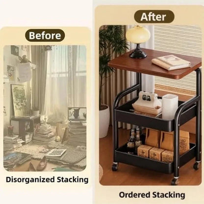 Three-tier metal rolling storage cart with walnut wood tabletop, lockable wheels, ideal for kitchen, bathroom, or craft organization.