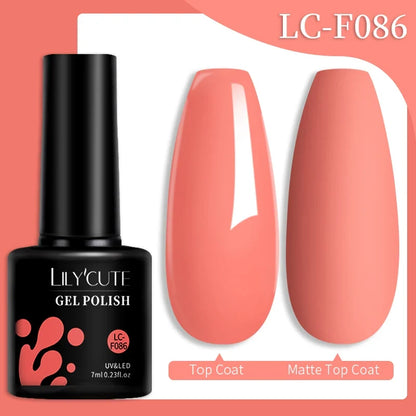 Colorful LilYCUTE 7ml gel nail polish bottles in various shades, showcasing long-lasting semi-permanent UV gel nail art by Blushimmer.