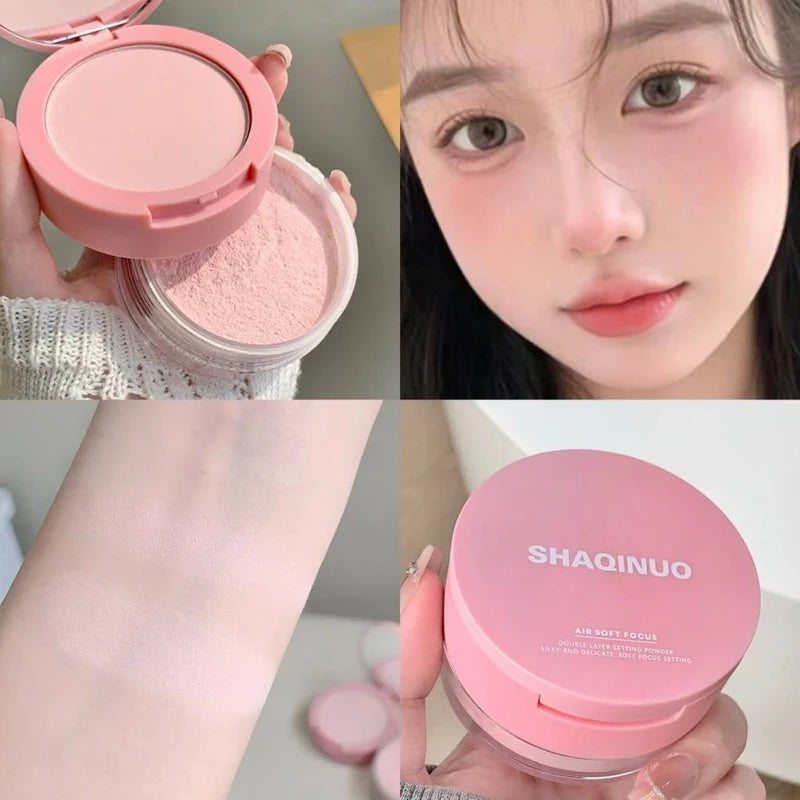 Blushimmer Rose Pink 2-in-1 loose setting powder with lavender purple tint, waterproof, oil control, and pressed concealer.