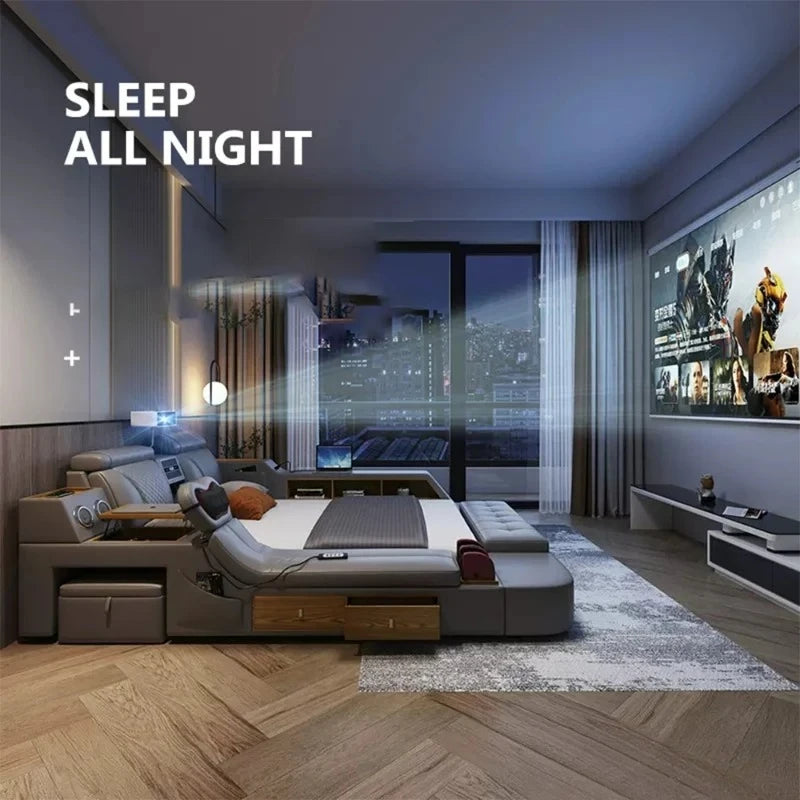 Tech Smart Bed - The Ultimate Multifunctional Bedframe With Genuine Leather, Massage, Speaker, Projector, Air Purifier