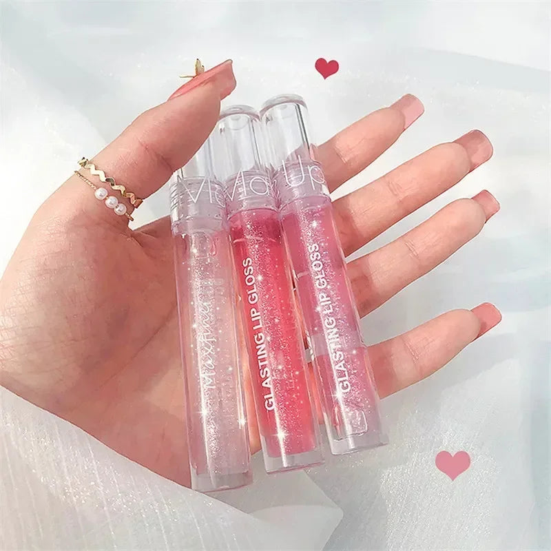 Blushimmer transparent glass water lip gloss with a glossy finish, showcasing a clear, shiny liquid lipstick for lips.