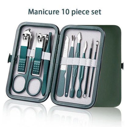 Green 6-18 Pcs Manicure Set With Leather Case Professional Foot And Face Care Tool Kits Stainless Steel Nail Clipper Sets Gift
