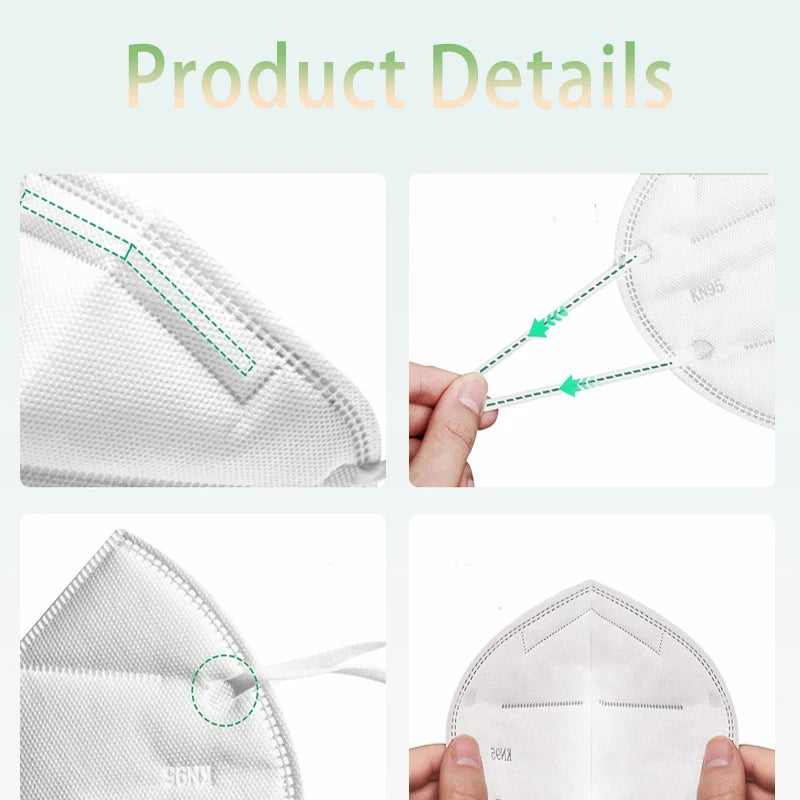20/40/60pcs white and black 5-layer KN95 masks, with breathable elastic earrings, filtration efficiency of 95%, dustproof