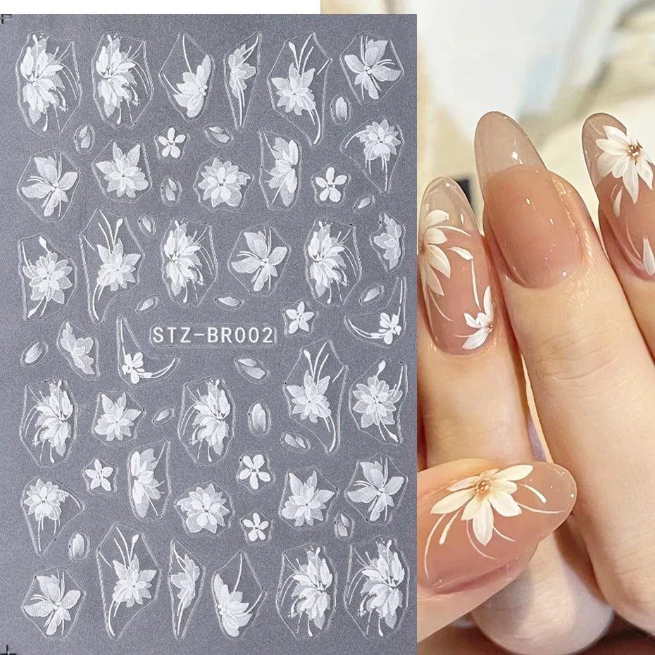 Blushimmer 3D white flower nail art stickers featuring cute floral adhesive decals for acrylic nail decoration and DIY charm designs