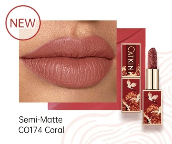 Blushimmer CATKIN velvet matte lipstick in a sleek tube, showing a smooth, creamy, hydrating satin finish lipstick.