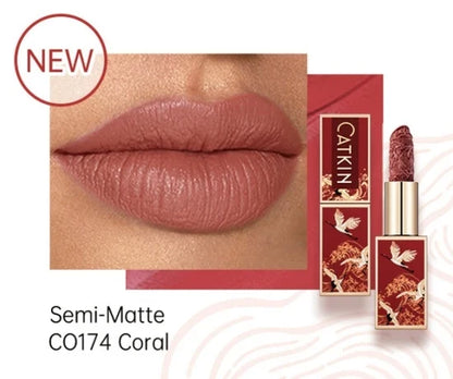 Blushimmer CATKIN velvet matte lipstick in a sleek tube, showing a smooth, creamy, hydrating satin finish lipstick.