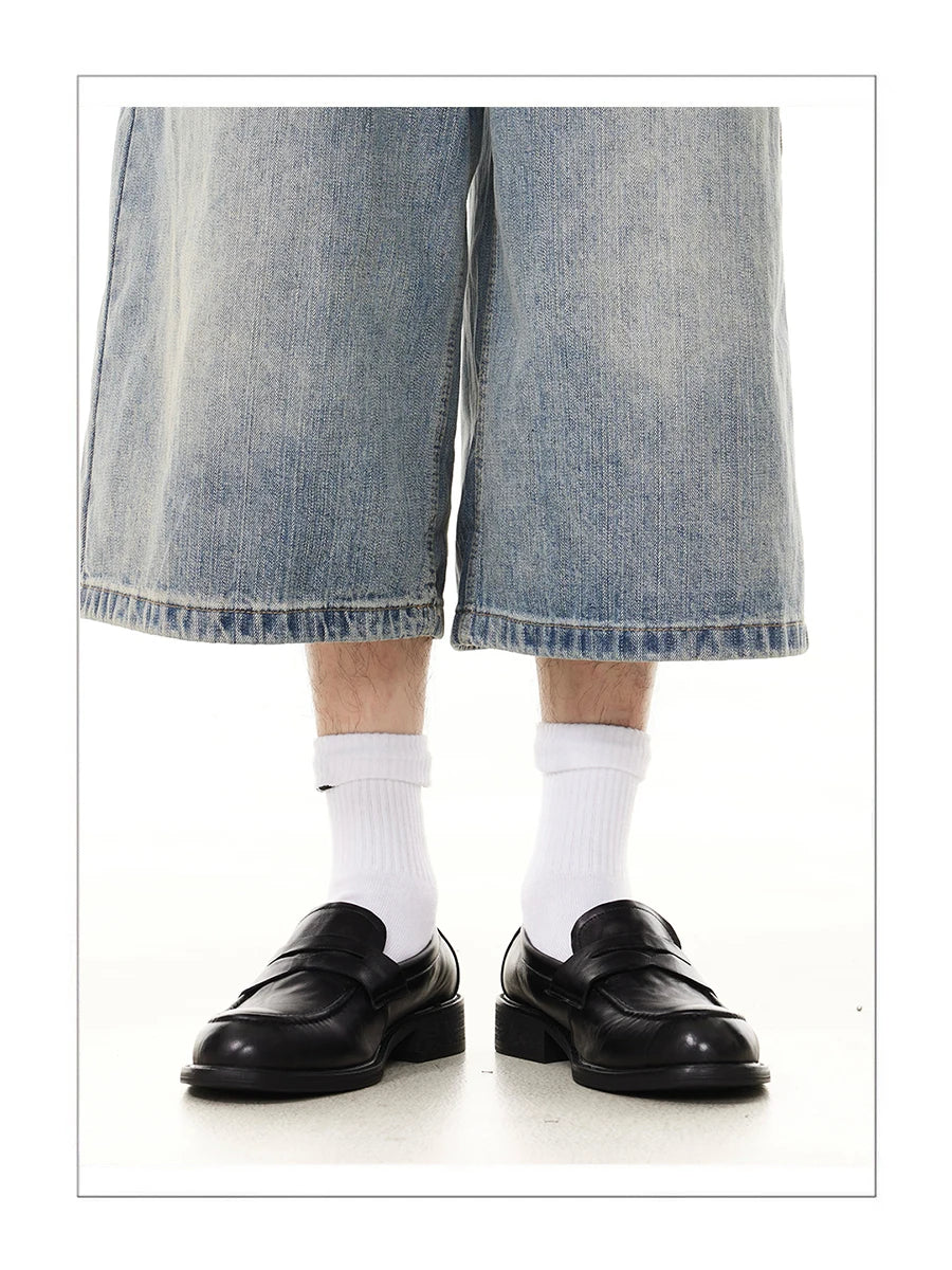 Elegant slip in loafers for men classic commuting square toe genuine cowhide derby formal dress leather shoes