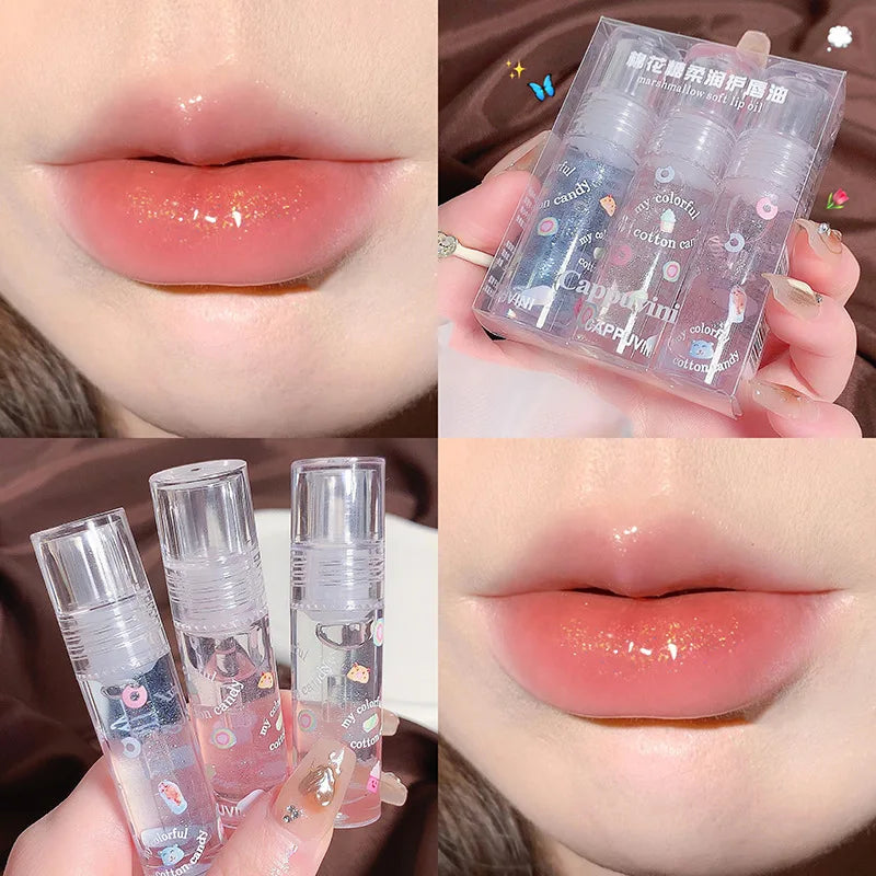 Blushimmer 3-pack transparent glitter lip gloss set with clear water-light lip glaze, color-changing lip oil, and moisturizing jelly lipsticks.