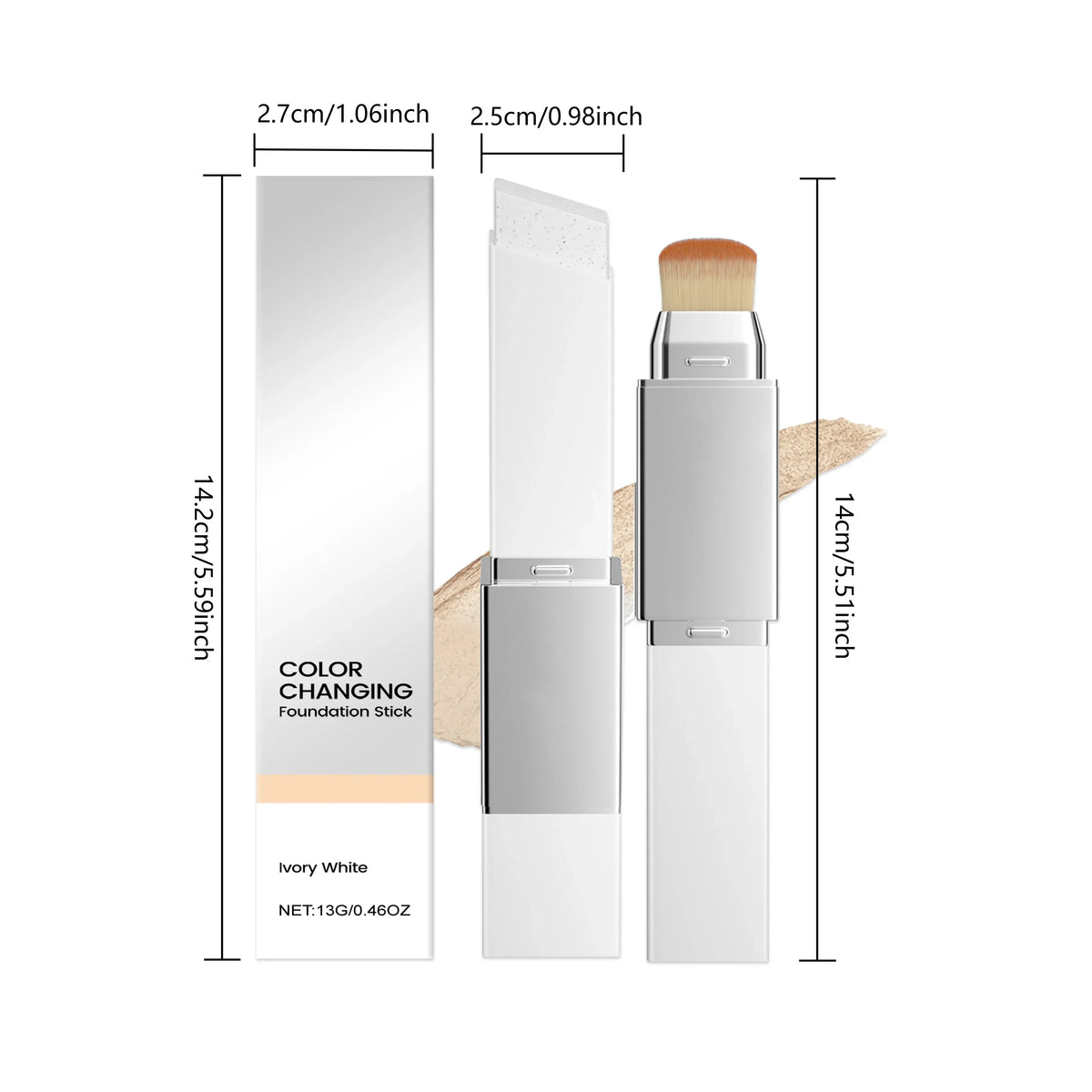 Blushimmer 2-in-1 color-changing foundation stick with brush, lightweight liquid base for brightening and matte finish.