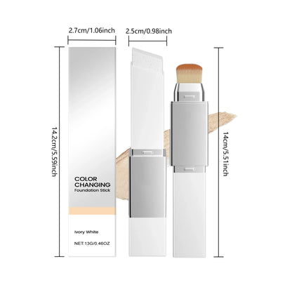 Blushimmer 2-in-1 color-changing foundation stick with brush, lightweight liquid base for brightening and matte finish.