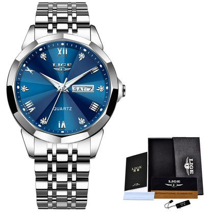LIGE women's quartz waterproof wristwatch with a sleek casual and sporty design, featuring a round dial and metal strap.