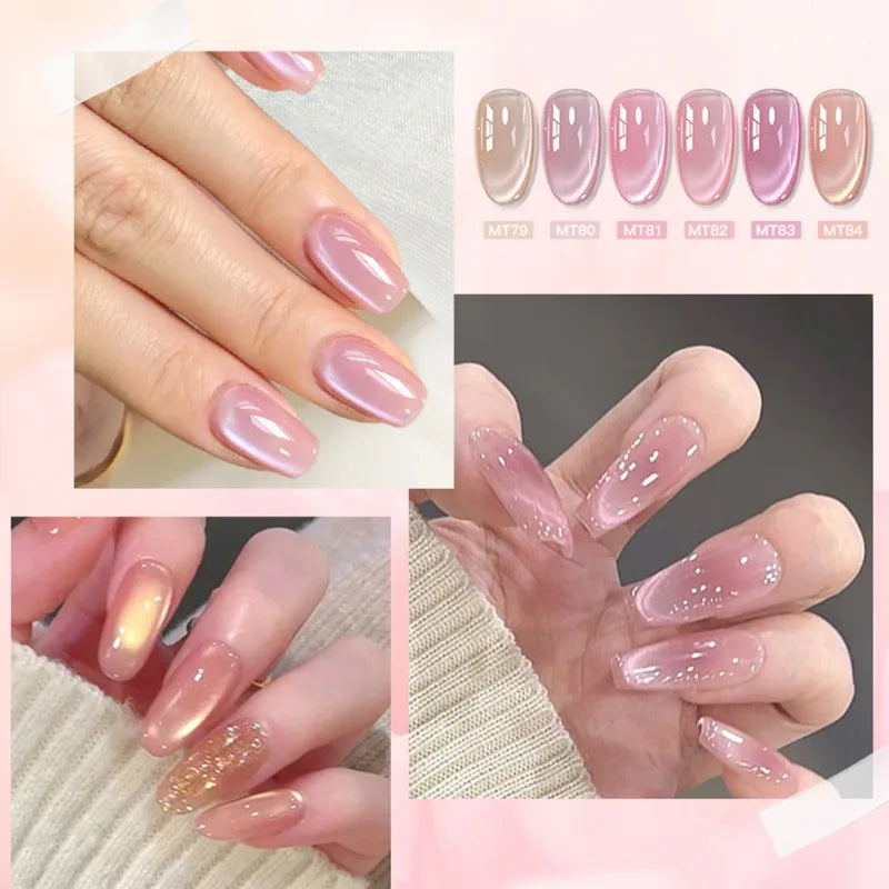 Set of 7 shiny pink magnetic gel nail polishes with magnetic rods from Blushimmer, semi-permanent UV gel varnish for nails.