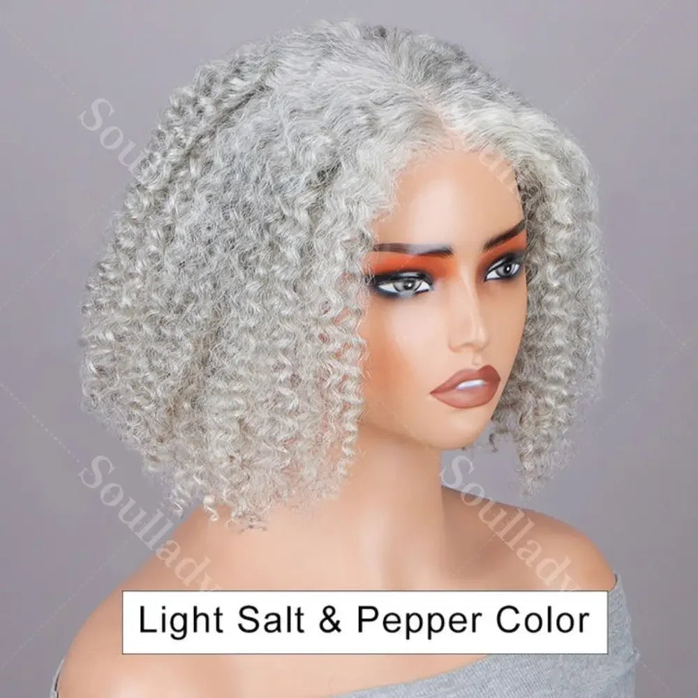 Wig Secret Light Salt And Pepper Jerry Curl Bob 5x5 HD Lace Closure Short Seniors Pale Gray Wig Human Hair Kinky Curly For Women