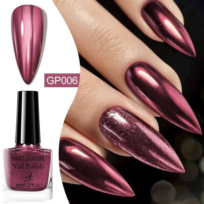 Blushimmer 8ml mirror metallic nail polish bottle with shiny silver finish, showcasing long-lasting, air-dry salon-quality nail varnish.