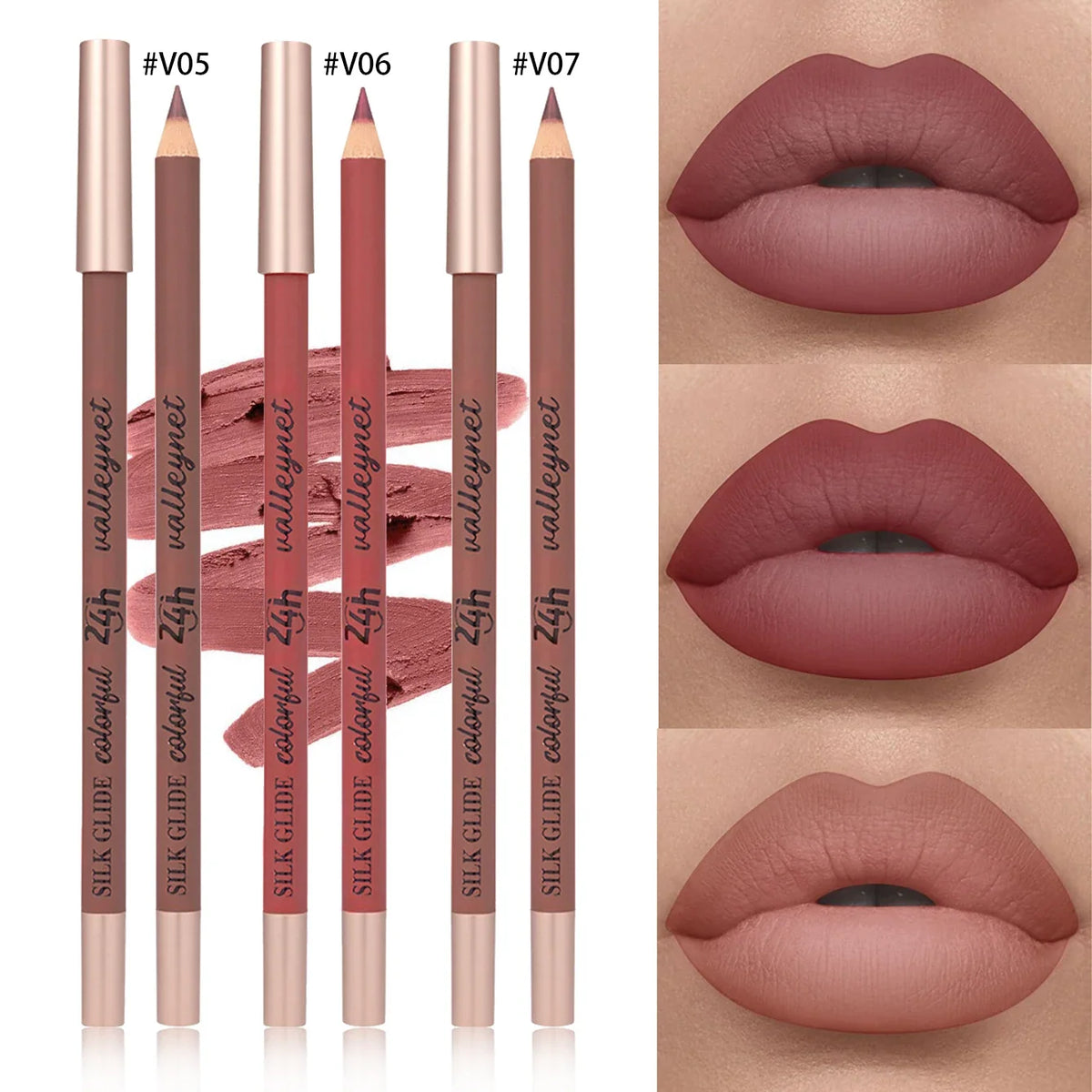 Set of three brown matte lip liners by Blushimmer, creamy, waterproof, long-lasting, and highly pigmented for precise lip definition.