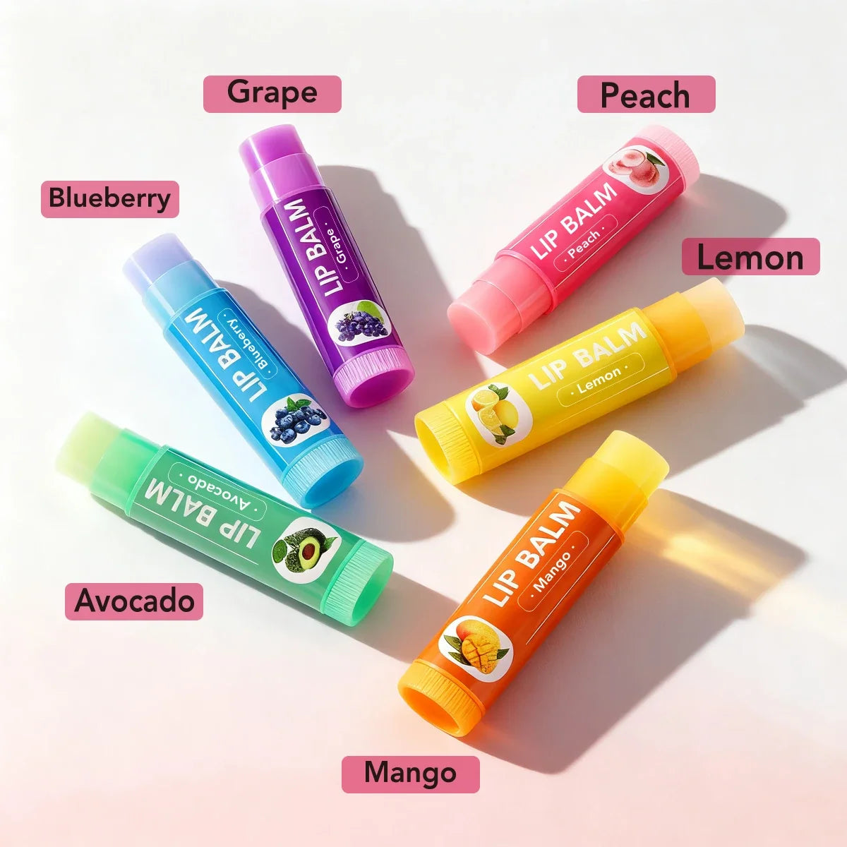 Set of 6 Blushimmer fruity lip balms with colorful packaging, perfect for Christmas or birthday gifts for girls and friends.
