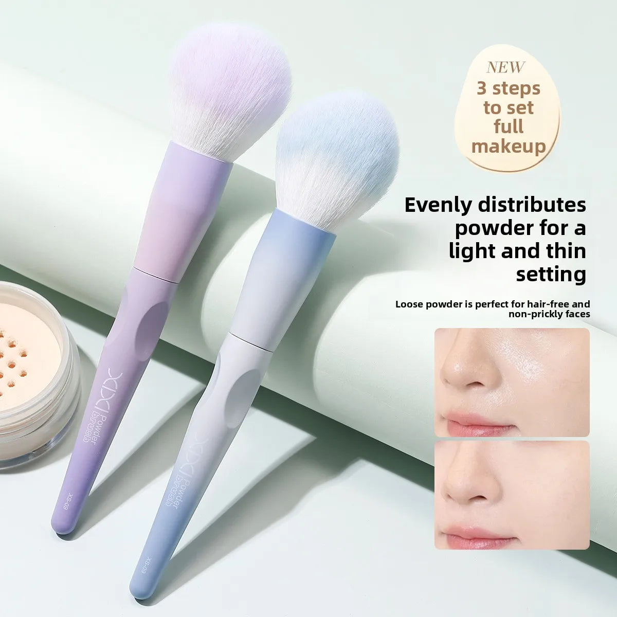 Large soft fluffy Blushimmer makeup powder brush for face, blush, bronzer, and setting powder application.